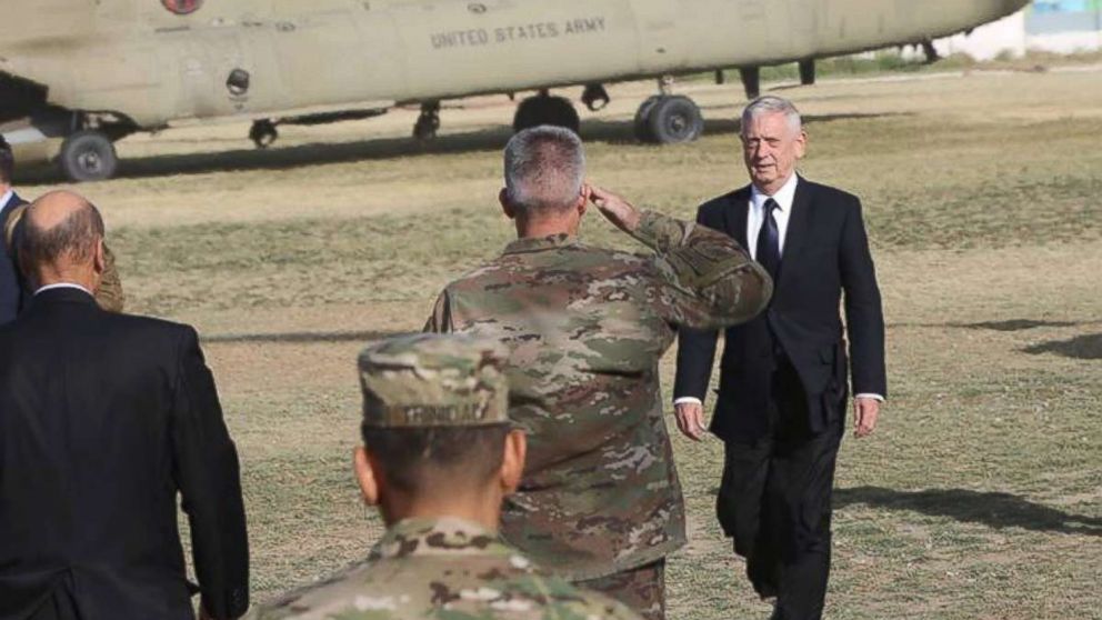 PHOTO: U.S. General John Nicholson, the commander of NATO's Resolute Support Mission, salutes to U.S. Defense Secretary James Mattis upon arrival at NATO's headquarters in Kabul, Afghanistan, Sept. 27, 2017. 