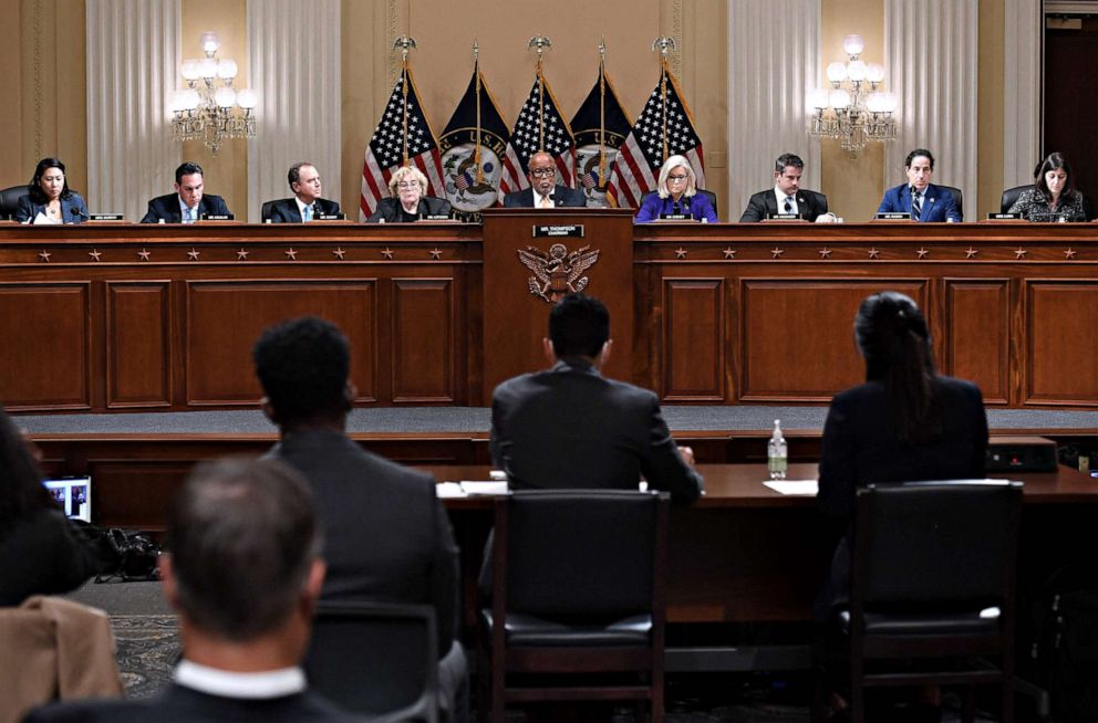 PHOTO: Members of the US congressional committee investigating the January 6 attack at the Capitol meet to vote on criminal contempt charges for Steve Bannon on Oct. 19, 2021, in Washington, DC.