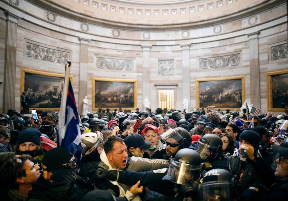 PHOTO: Police clash with supporters of President Donald Trump who breached security and entered the Capitol building in Washington on Jan. 06, 2021.