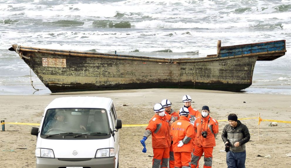 PHOTO: A wooden boat found by Japan Coast Guard after it drifted ashore with eight partially skeletal bodies is pictured in Oga, Akita Prefecture, Japan, Nov. 27, 2017. 