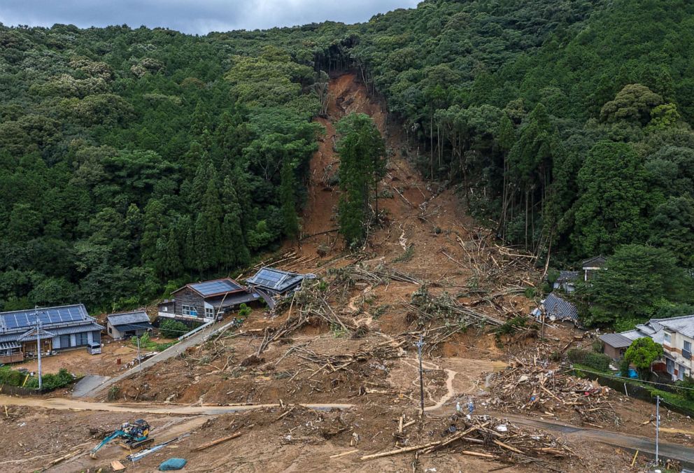 PHOTO: Houses lie submerged in mud after a landslide caused by torrential rain, on July 6, 2020, in Ashikita, Japan.
