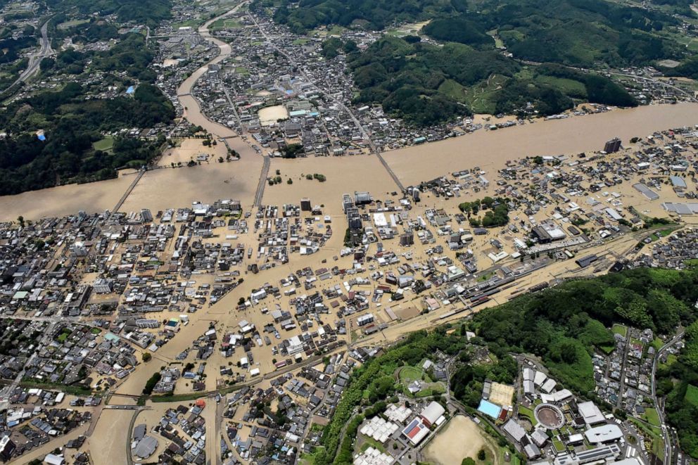 PHOTO: Areas are inundated in muddy waters that gushed out from the Kuma River in Hitoyoshi, Kumamoto prefecture, southwestern Japan, July 4, 2020.