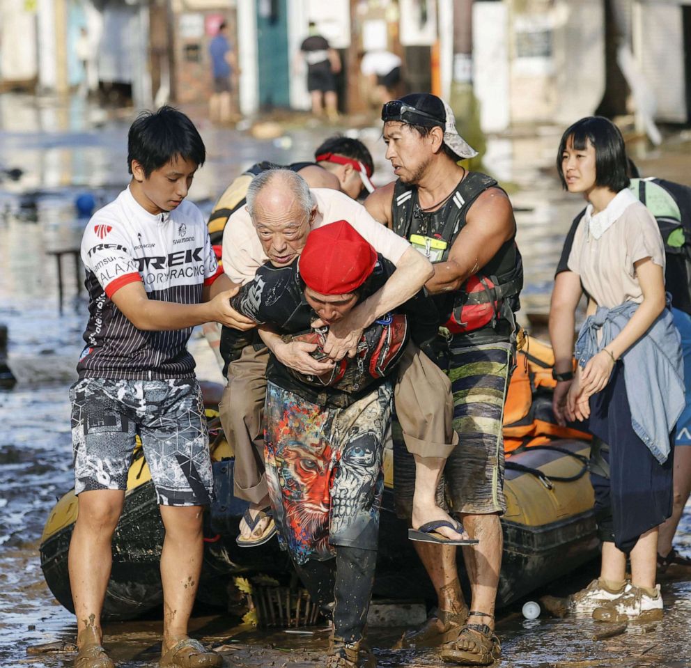 PHOTO: An elderly man is rescued in the flood-hit city of Hitoyoshi in Kumamoto Prefecture, southwestern Japan, on July 9, 2020.
