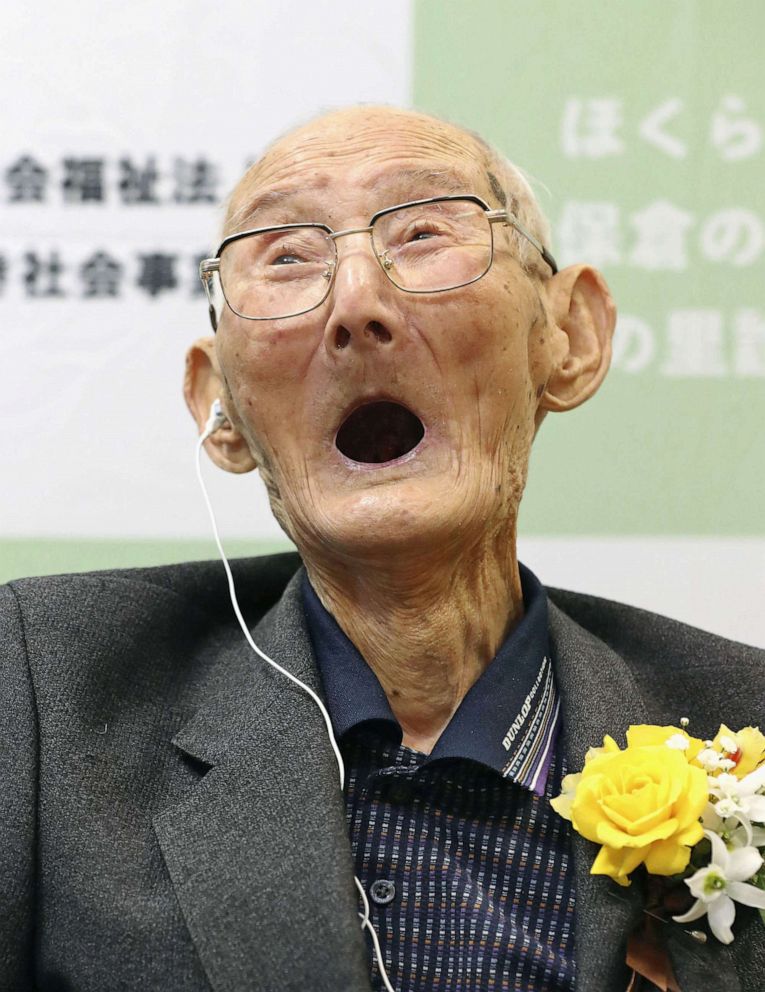 PHOTO: 112-year-old Chitetsu Watanabe celebrates after being awarded as the world's oldest living male by Guinness World Records, in Joetsu, Niigata prefecture, Japan, Feb. 12, 2020.