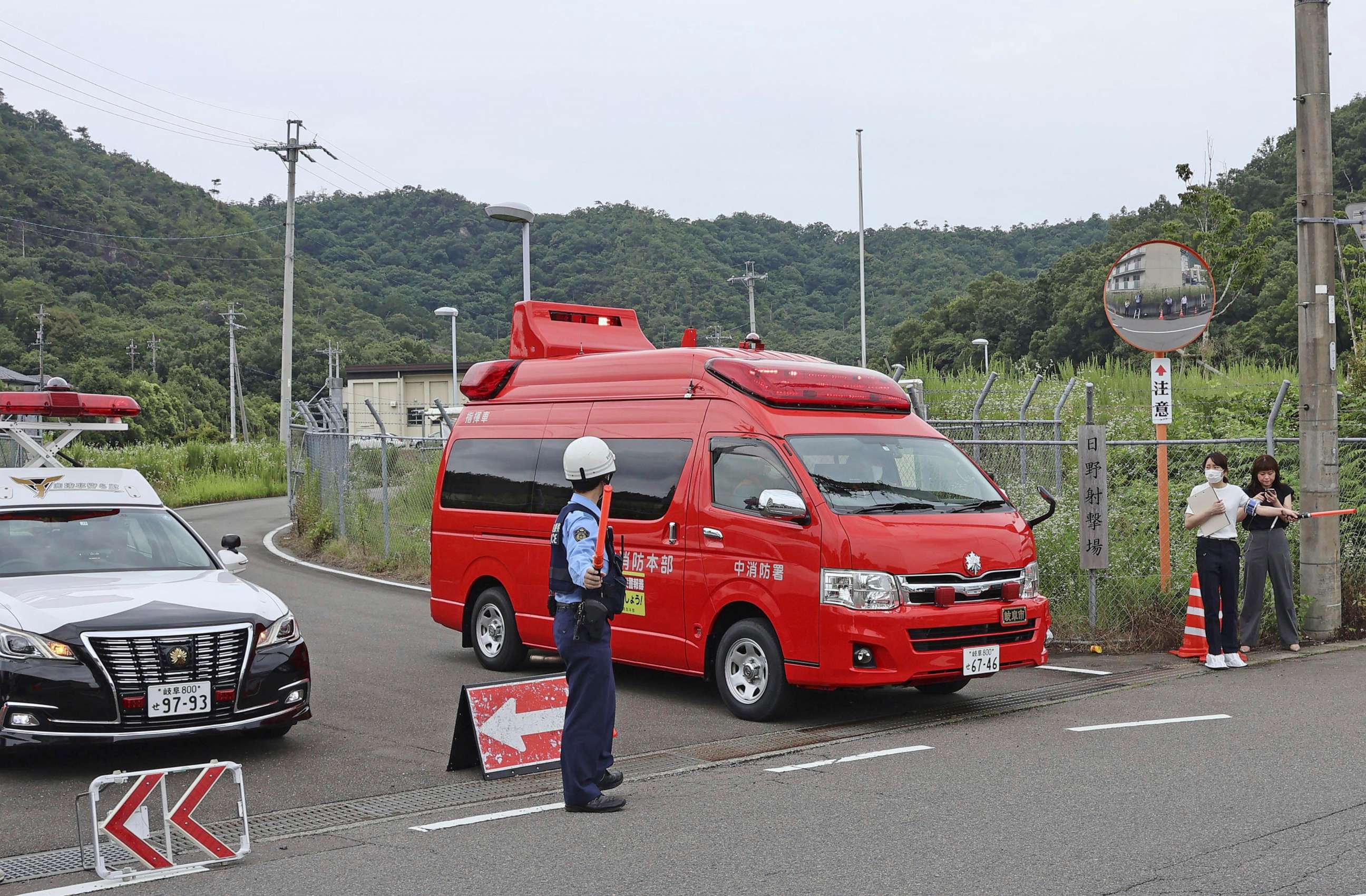 PHOTO: A fire truck leaves a base firing range of Ground Self Defence Force, following a deadly shooting in Gifu, central Japan, Wednesday, June 14, 2023.