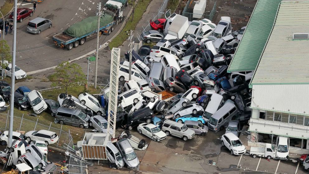 PHOTO: Vehicles lie piled in a heap due to strong winds from typhoon Jebi in Kobe, Hyogo prefecture in Japan on Sept. 5, 2018.