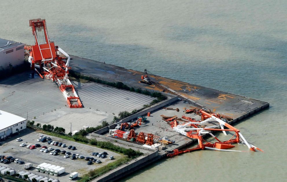 PHOTO: Cranes sit damaged at a seaside area following a powerful typhoon, in Nishinomiya, western Japan, Sept. 5, 2018.