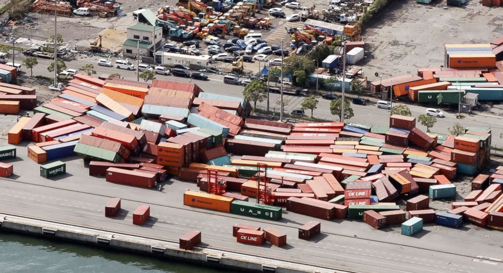 PHOTO: Containers damaged by Typhoon Jebi are seen in Kobe, western Japan, Sept. 5, 2018.