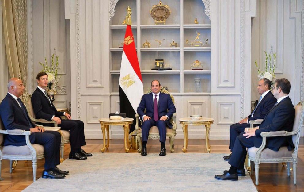 Egyptian President Abdel Fattah el-Sisi discusses developments in the Middle East with Jared Kushner, adviser and son-in-law to U.S. President Donald Trump, in El Alamein, Egypt on August 16, 2026. 