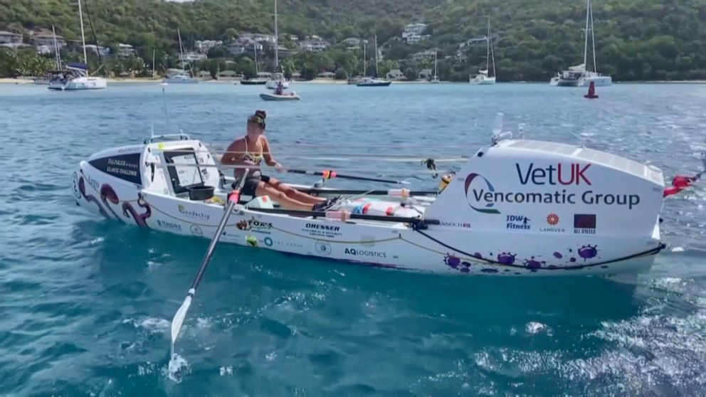PHOTO: Jasmine Harrison rows into Antigua and Barbuda after completing a solo trek across the Atlantic Ocean, Feb. 21, 2021.