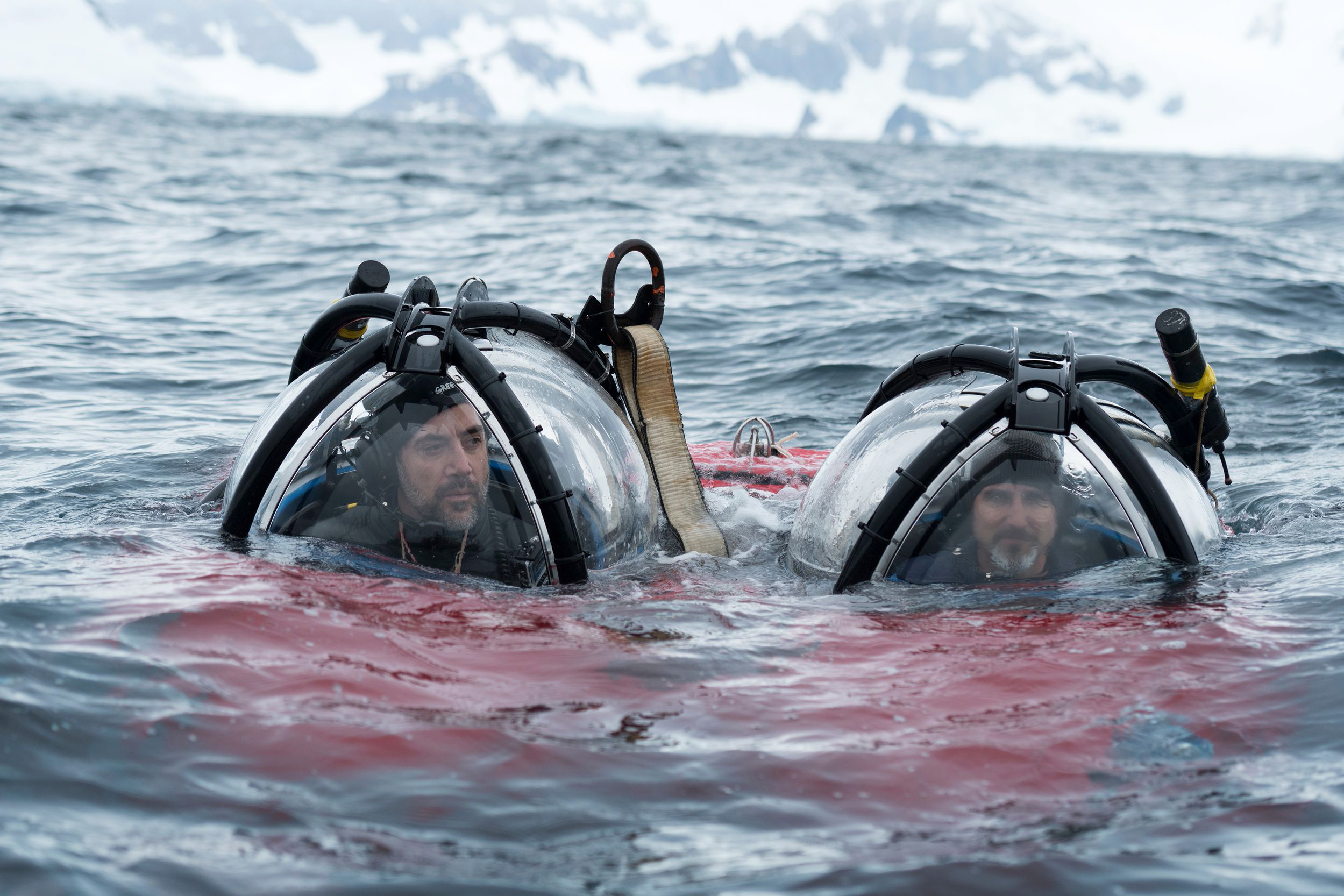 PHOTO: Spanish actor Javier Bardem and submarine pilot John Hocevar from Greenpeace USA surfacing after a dive exploring the Antarctic seafloor in Charlotte Bay off the Gerlache Strait, in this handout photo taken by Greenpeace Jan. 27, 2018.