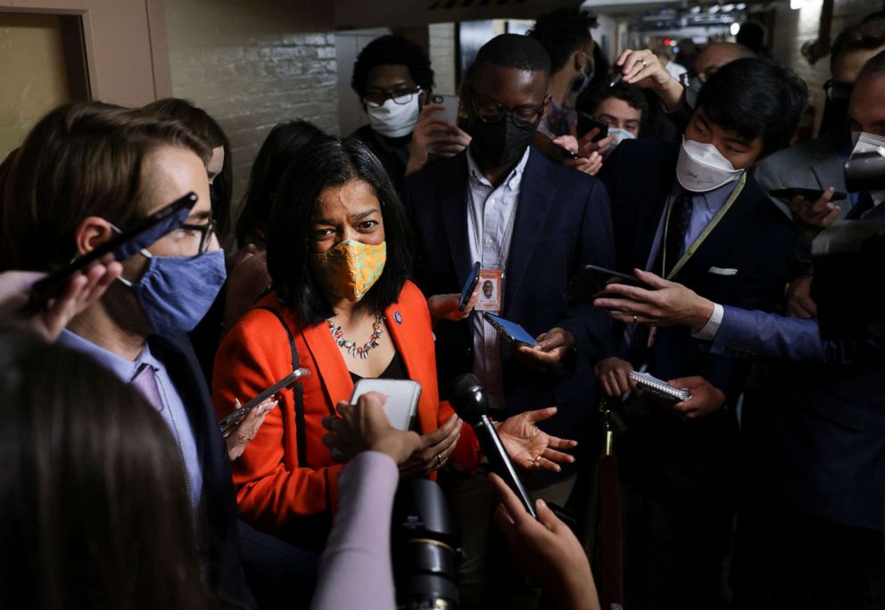 PHOTO: Rep. Pramila Jaypal talks to members of the media prior to a Democratic caucus meeting at the U.S. Capitol on Oct. 01, 2021, in Washington.