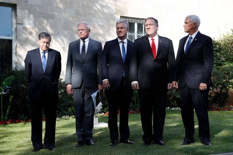 PHOTO: Ambassador to Turkey David Satterfield, Ambassador James Jeffrey, National Security Adviser Robert O'Brien, Secretary of State Mike Pompeo and Vice President Mike Pence pose for a photo on Oct. 17, 2019, in Ankara, Turkey.