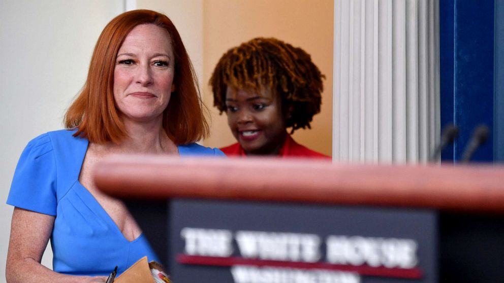PHOTO: White House Press Secretary Jen Psaki and Principal Deputy Press Secretary Karine Jean-Pierre arrive for a press briefing in the Brady Briefing Room of the White House in Washington, May 12, 2022.