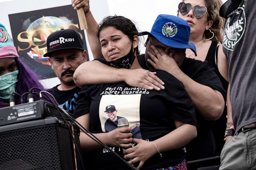 PHOTO: Jennifer Guardado, Andres Guardado's sister, is embraced by her cousin Steve Abarca after she delivered a speech during a protest against the death of Andres Guardado in an officer involved shooting, in Compton, Calif., June 28, 2020.