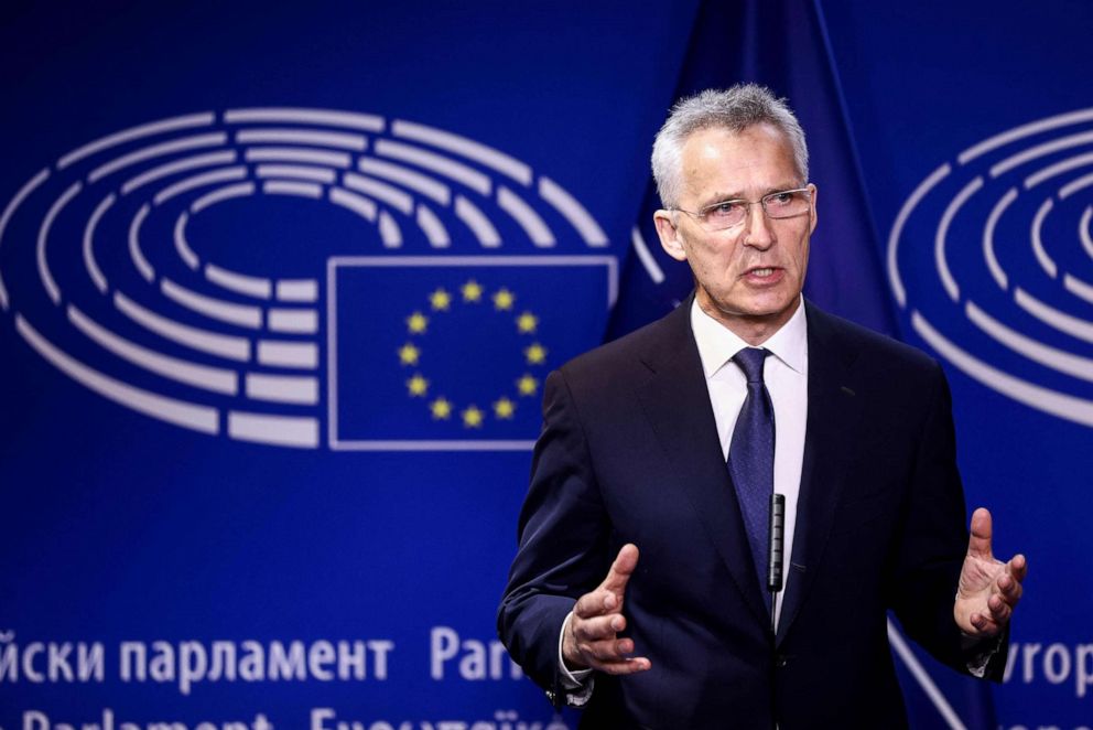 PHOTO: NATO Secretary General Jens Stoltenberg holds a press conference along with the European Parliament president at the European Parliament in Brussels, on April 28, 2022.