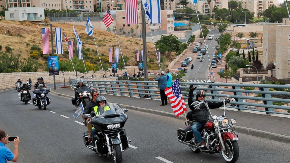 PHOTO: Israeli motorcycle club, Samson Riders, lead a convoy of Harley Davidson riders in the streets of Jerusalem, May 13, 2018, as they ride from the current location of the American embassy in Tel Aviv towards the new location in Jerusalem.