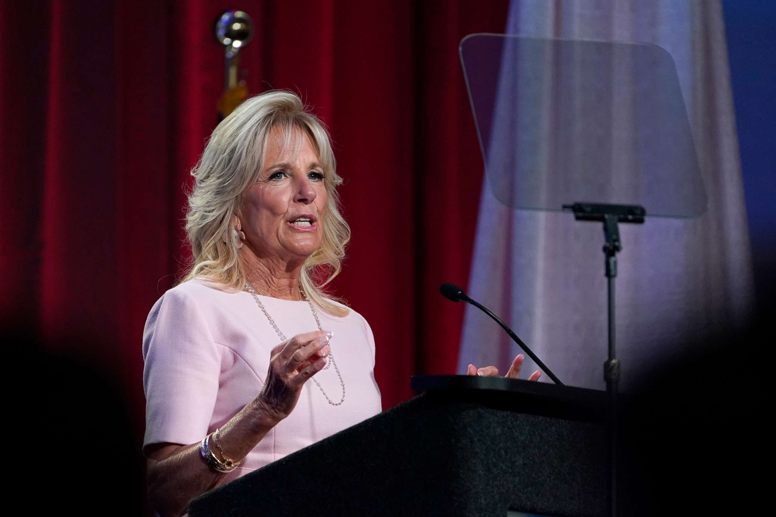 PHOTO: First lady Jill Biden speaks at the 125th Anniversary Convention of the National Parent Teacher Association (PTA) in National Harbor, Md., June 17, 2022.