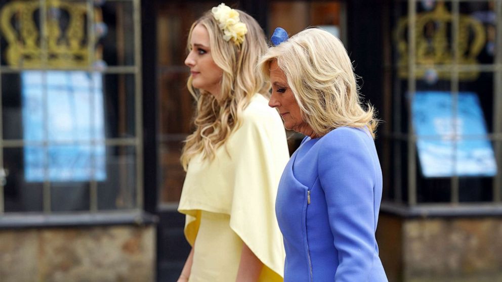 PHOTO: First lady Jill Biden and her granddaughter Finnegan Biden arrive at Westminster Abbey ahead of the Coronation of King Charles III and Queen Camilla, May 6, 2023 in London.
