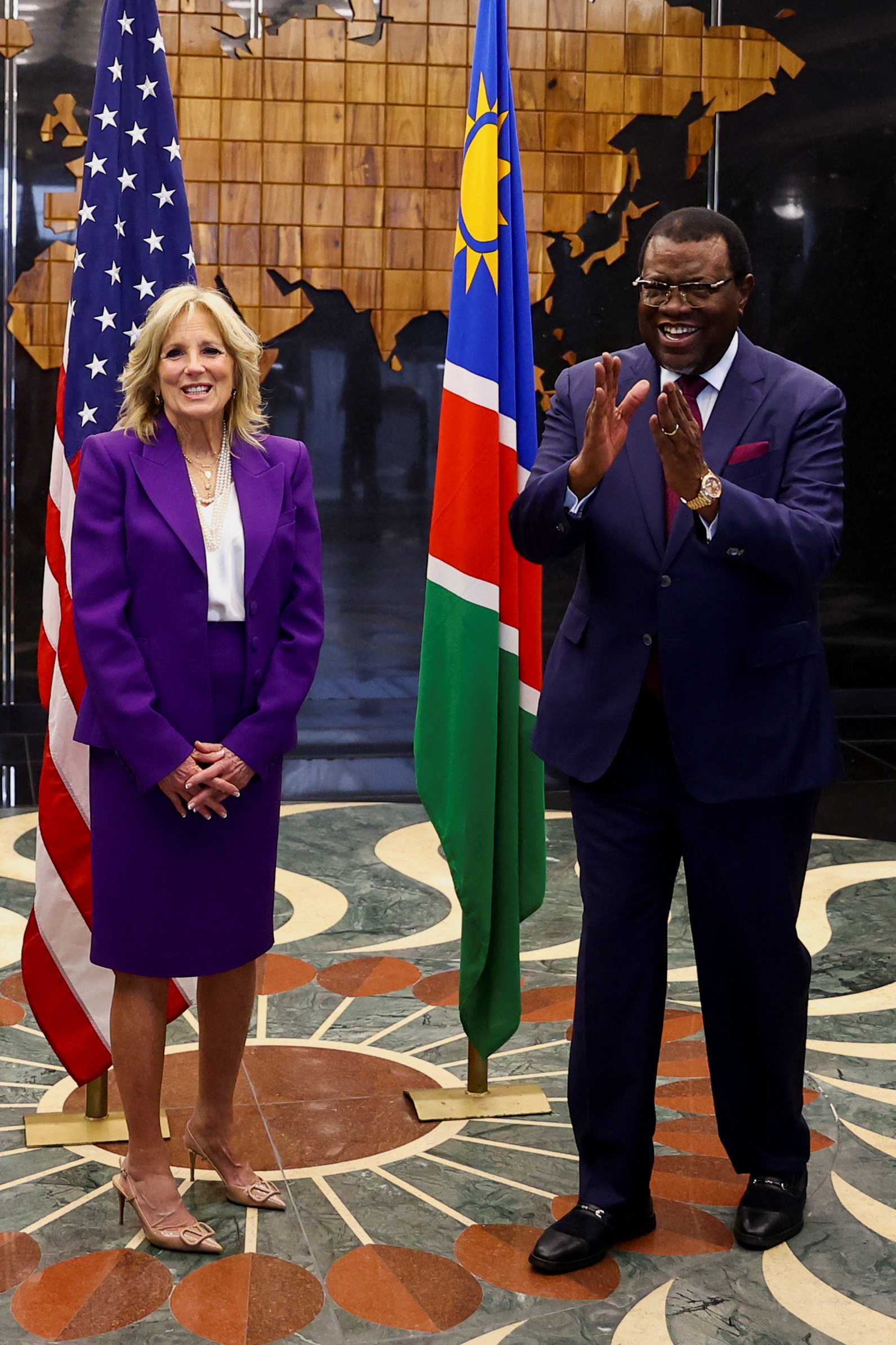 PHOTO: Namibian President Hage Geingob and U.S. First Lady Jill Biden meet during the first leg of her African visit, at the State House, Feb. 22, 2023, in Windhoek, Namibia.