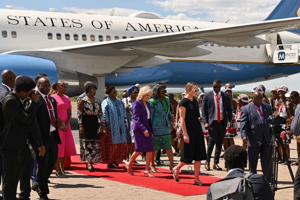PHOTO: Namibia's First Lady Monica Geingos(C-R) welcomes US First Lady Jill Biden (C-L) upon her arrival at the Hosea Kutako International Airport, Feb. 22, 2023, in Windhoek, Namibia.