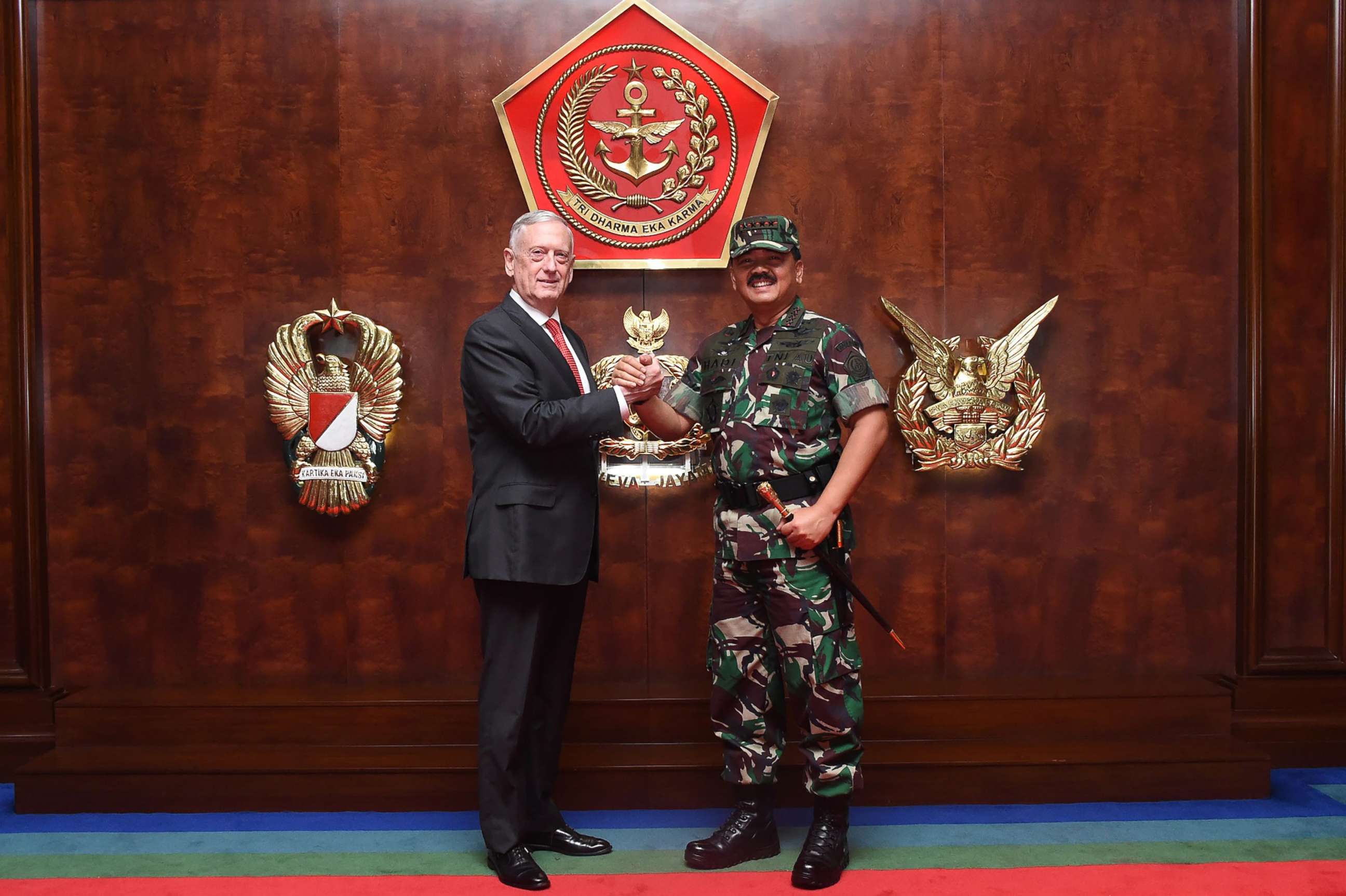 PHOTO: This handout picture from the Indonesian Military (Tentara Nasional Indonesia ) taken in Jakarta, Jan. 24, 2018, shows Indonesian Military Chief Hadi Tjahjanto (R) posing with U.S. Secretary of Defense Jim Mattis.