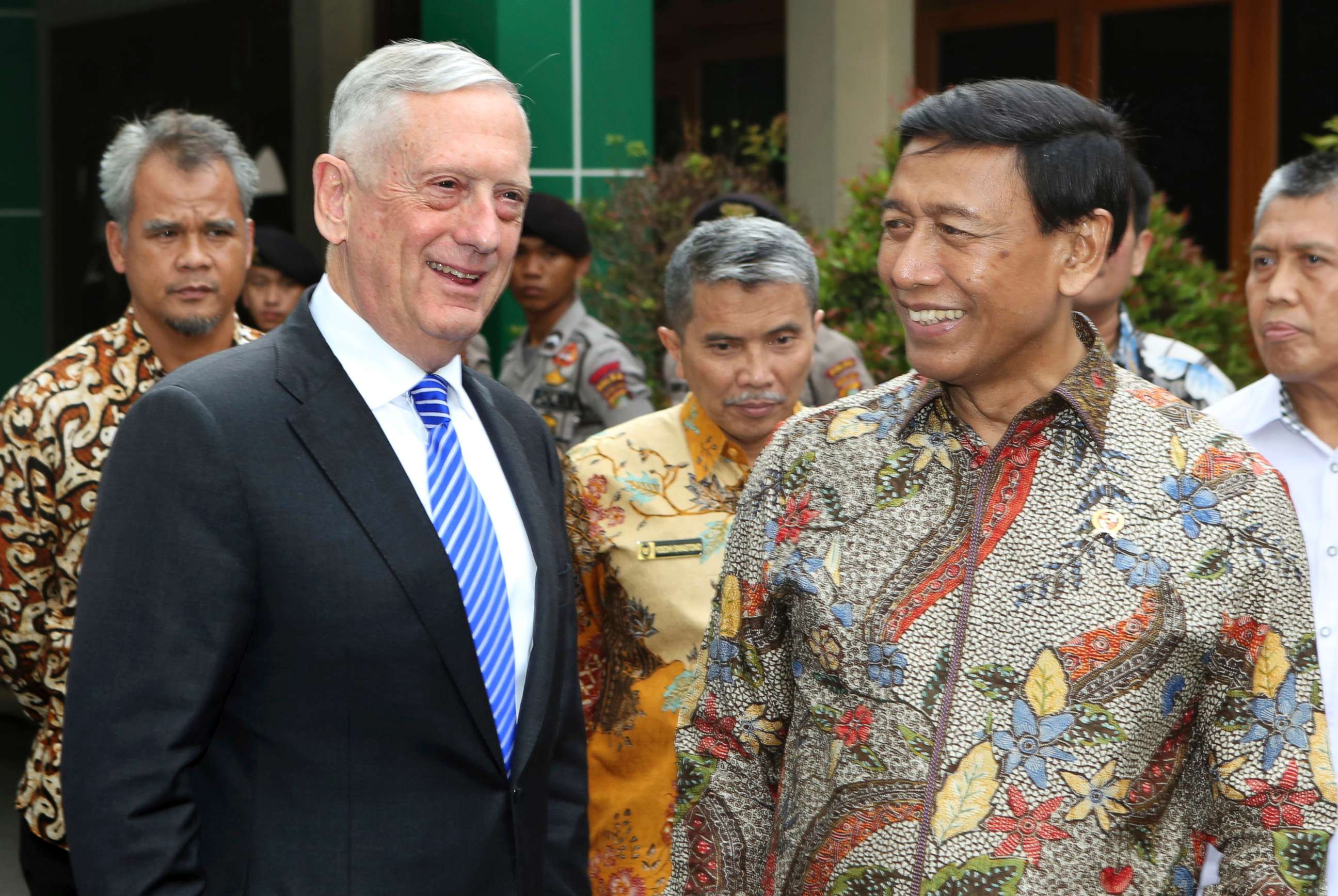 PHOTO: U.S. Defense Secretary Jim Mattis, left, smiles with Indonesian Coordinating Minister for Politics, Security and Law Wiranto after a meeting in Jakarta, Indonesia, Jan. 23, 2018.