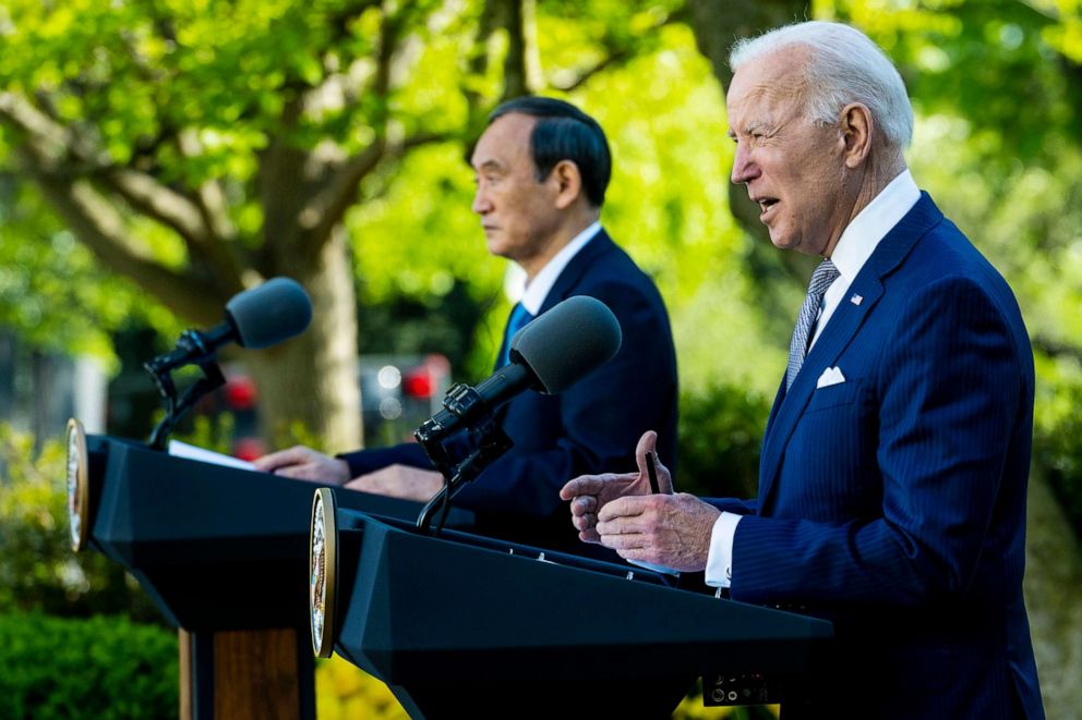 PHOTO: President Joe Biden and Prime Minister Yoshihide Suga of Japan hold a news conference in the Rose Garden of the White House on April 16, 2021.