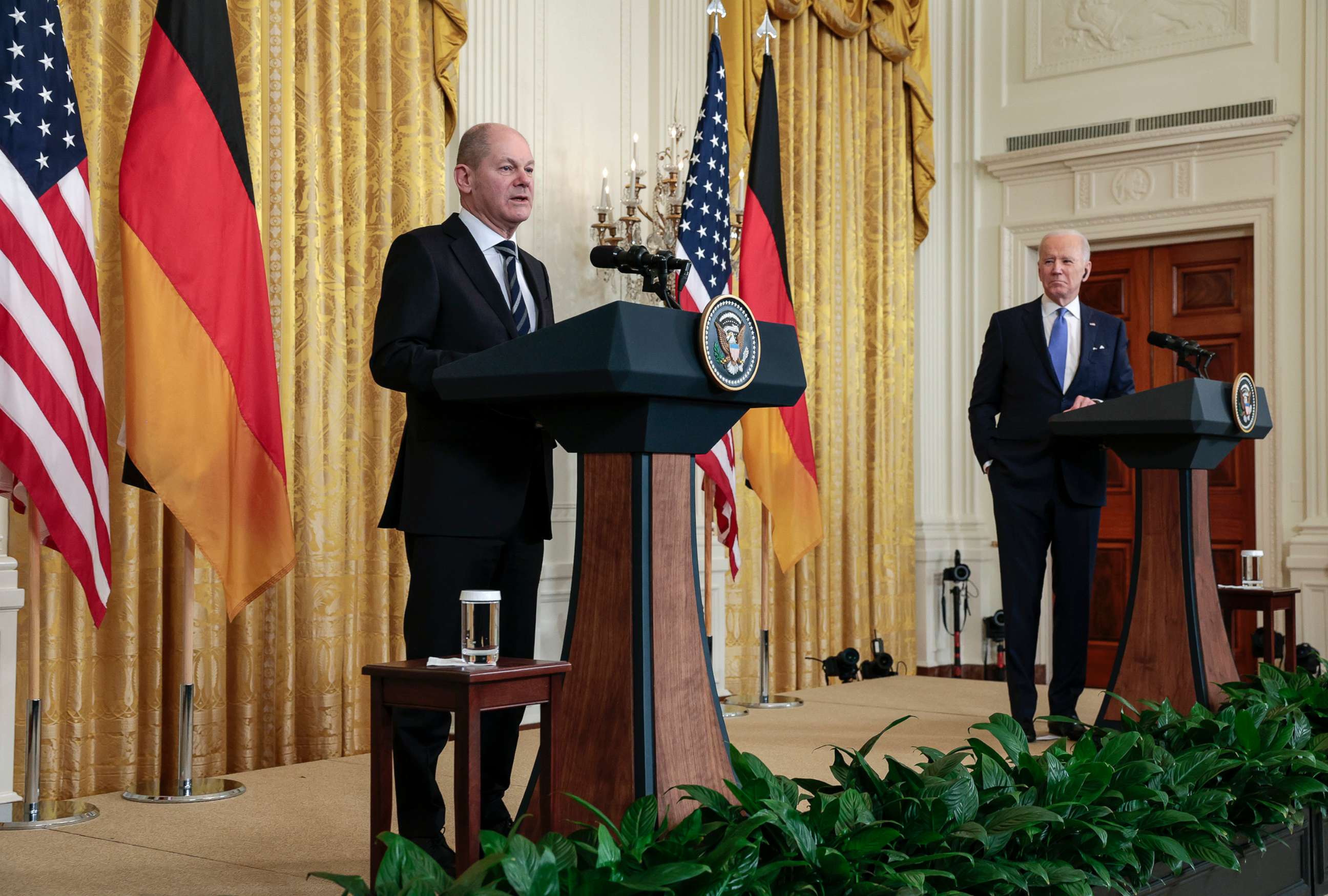 PHOTO: German Chancellor Olaf Scholz delivers remarks alongside U.S. President Joe Biden during a joint news conference in the East Room of the White House on Feb. 07, 2022.