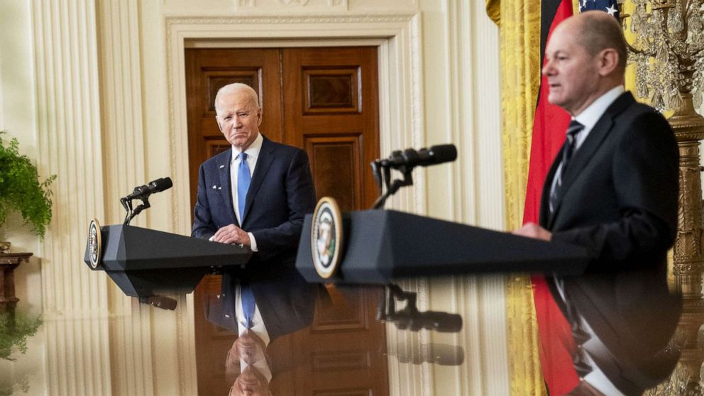 Biden, German chancellor present united front amid tensions with Russia over Ukraine