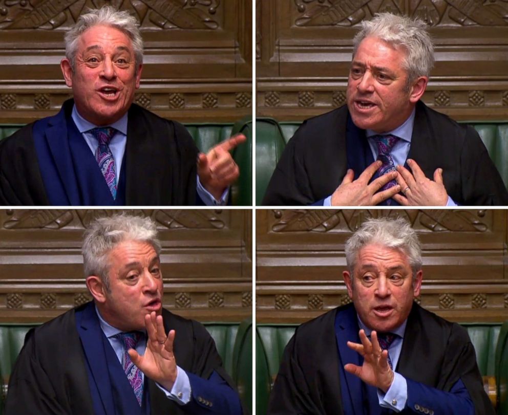 PHOTO: A combination of video grabs from footage broadcast by the UK Parliament's Parliamentary Recording Unit (PRU) shows Speaker of the House of Commons John Bercow speaking in the House of Commons regarding in London on Jan. 9, 2019.