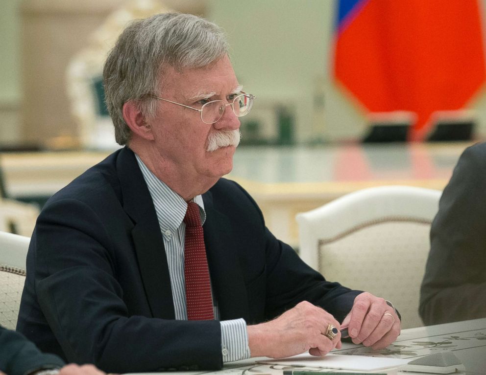 PHOTO: U.S. National security adviser John Bolton speaks to Russian President Vladimir Putin during their talks at the Kremlin in Moscow, Russia, June 27, 2018.