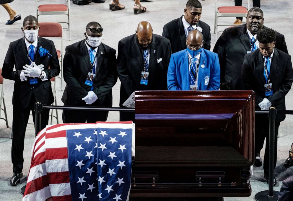 PHOTO: Members of the Phi Beta Sigma fraternity pay their respects to civil rights leader and Democratic Rep. John Lewis, at a memorial service in his hometown of Troy, Ala., July 25, 2020.
