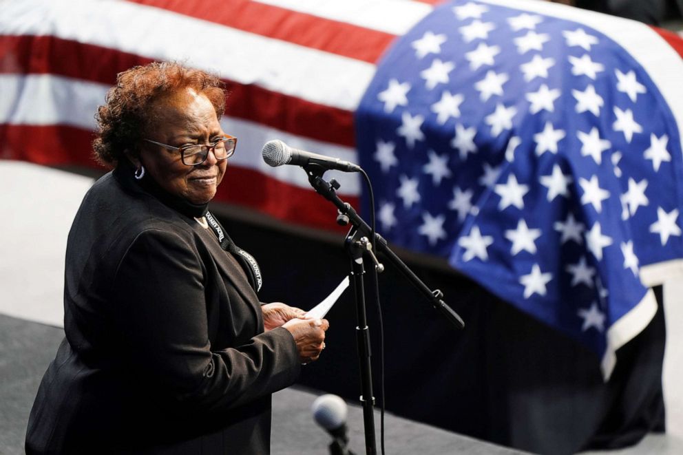 PHOTO: Rosa Mae Tyner, sister of late U.S. Congressman John Lewis, speaks during his memorial service, at Troy University's Trojan Arena in Troy, Ala., July 25, 2020.