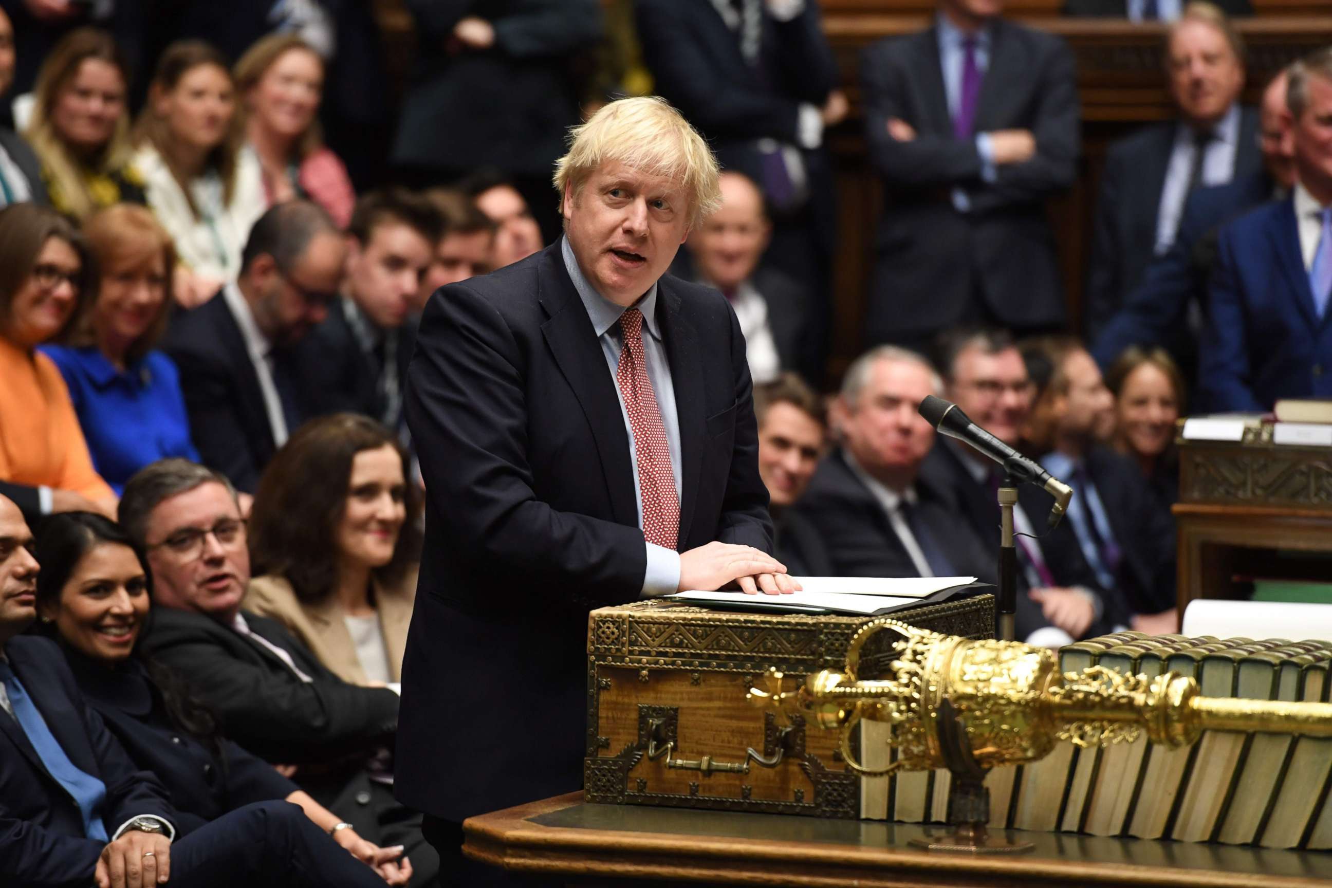 PHOTO: A handout picture taken on December 17, 2019, shows Britain's Prime Minister Boris Johnson speaking in the House of Commons in London, during the first sitting of Parliament since the general election. 