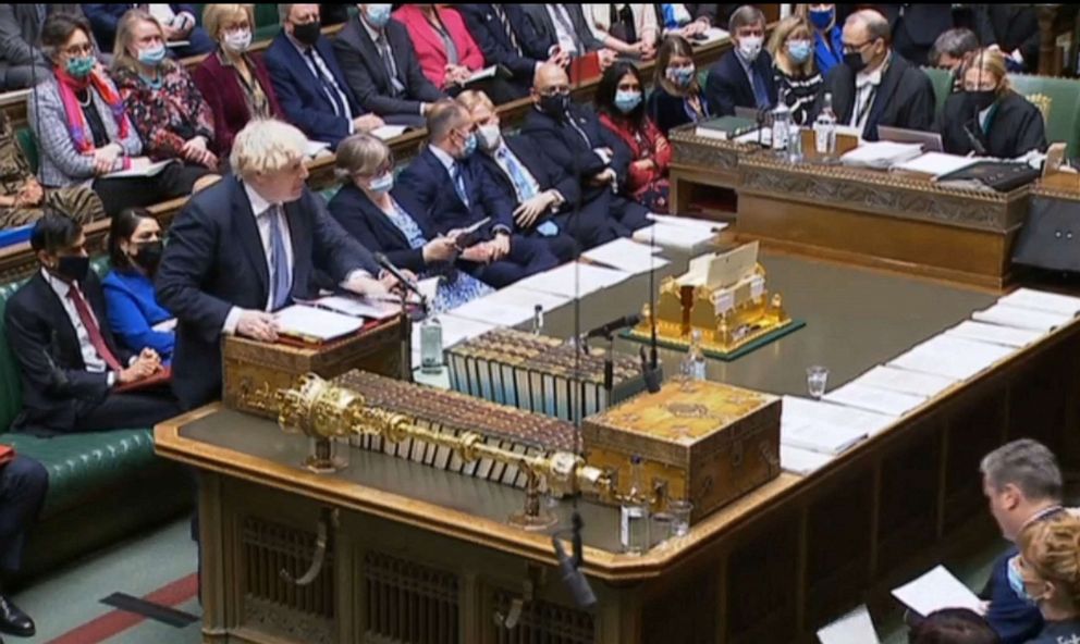 PHOTO: A video grab from the UK Parliament's Parliamentary Recording Unit (PRU) shows British Prime Minister Boris Johnson speaking during Prime Minister's Questions (PMQs), in the House of Commons in London, Dec. 8, 2021.