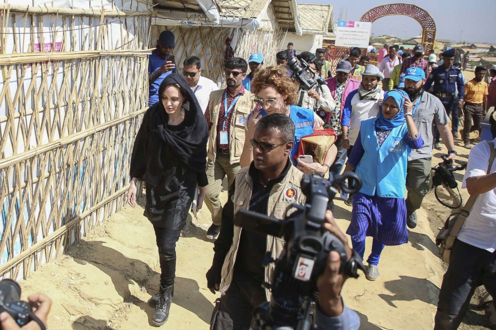 PHOTO: Angelina Jolie, a special envoy for the United Nations High Commissioner for Refugees (UNHCR), visits a school in the Kutupalong camp for Rohingya refugees in Ukhia in southern Bangladesh, Feb. 5, 2019.