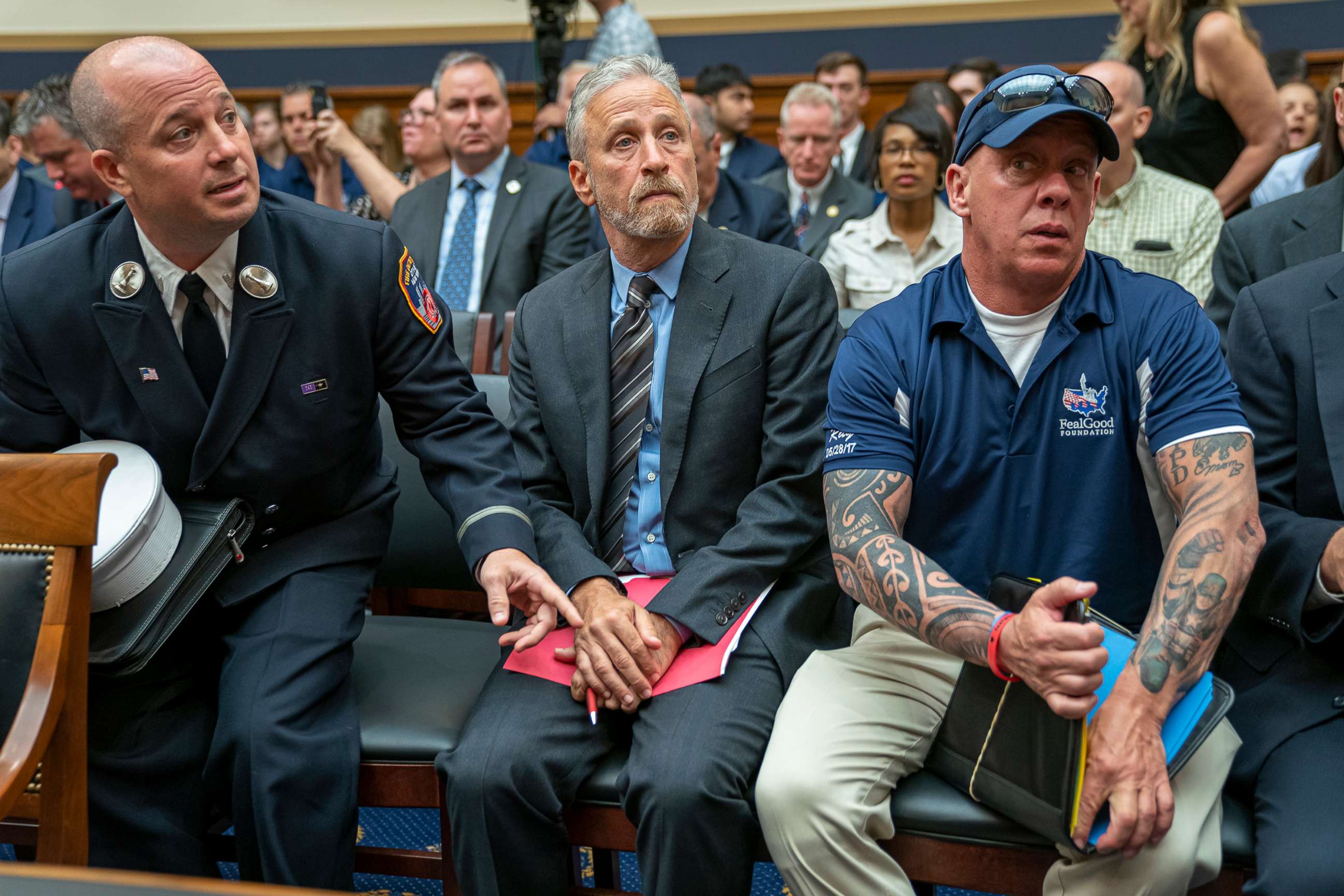 PHOTO: Entertainer and activist Jon Stewart lends his support to firefighters, first responders and survivors of the September 11 terror attacks at a hearing on Capitol Hill in Washington, June 11, 2019.