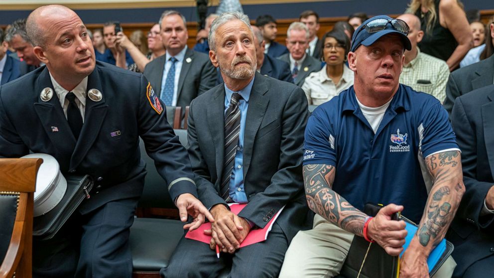 PHOTO: Entertainer and activist Jon Stewart lends his support to firefighters, first responders and survivors of the September 11 terror attacks at a hearing on Capitol Hill in Washington, June 11, 2019.