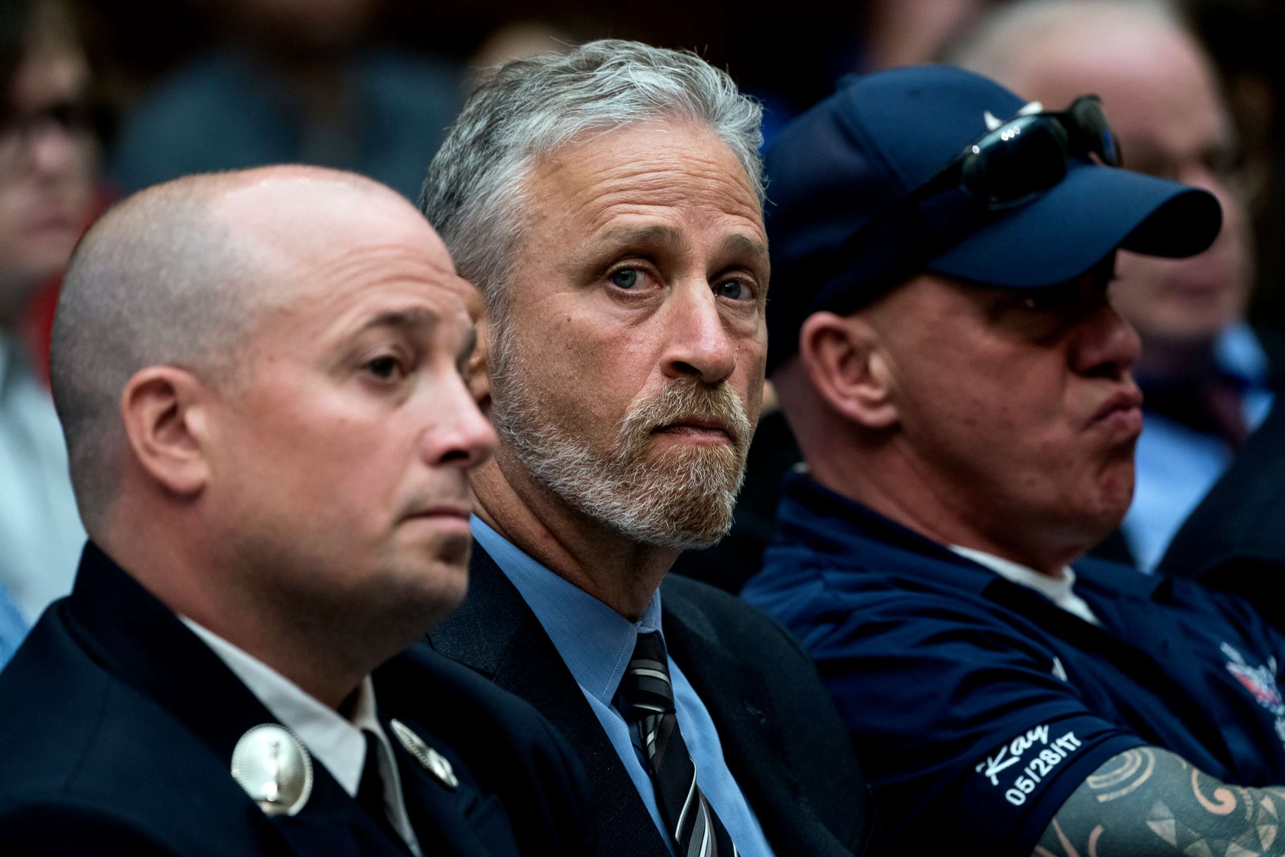 PHOTO: Entertainer and activist Jon Stewart lends his support to firefighters, first responders and survivors of the September 11 terror attacks at a hearing on Capitol Hill in Washington, June 11, 2019.