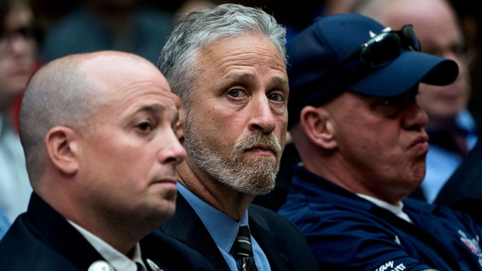 PHOTO: Entertainer and activist Jon Stewart lends his support to firefighters, first responders and survivors of the September 11 terror attacks at a hearing on Capitol Hill in Washington, June 11, 2019.