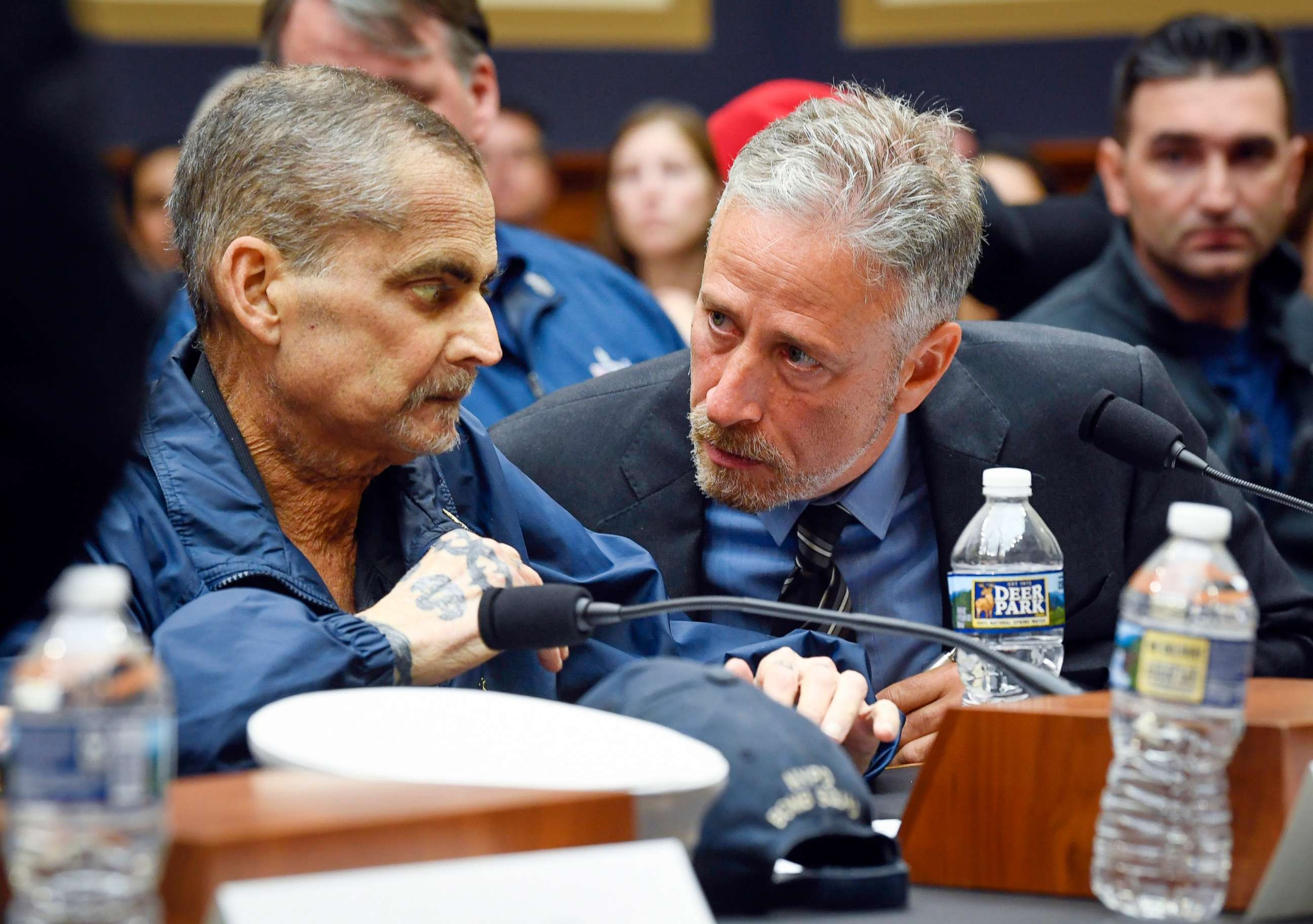 PHOTO: Jon Stewart speaks with Luis Alvarez, Retired Detective  and 9/11 Responder, New York Police Department, June 11, 2019, in Washington, D.C.