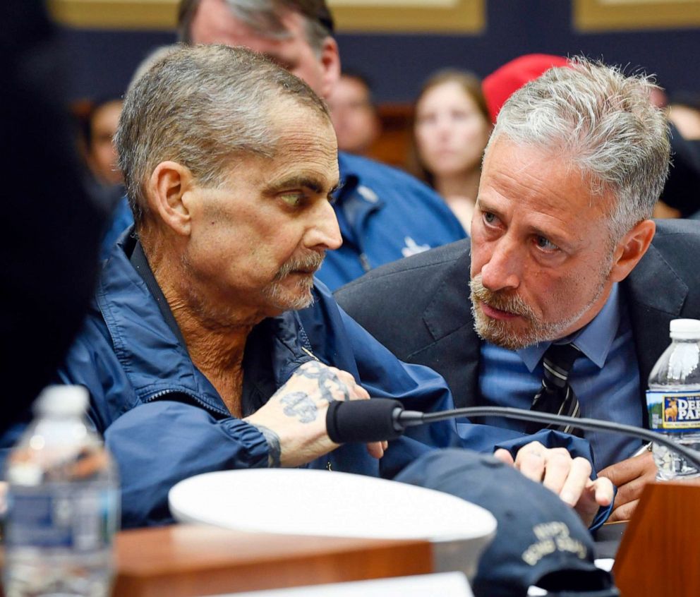 PHOTO: Jon Stewart speaks with Luis Alvarez, Retired Detective  and 9/11 Responder, New York Police Department, June 11, 2019, in Washington, D.C.
