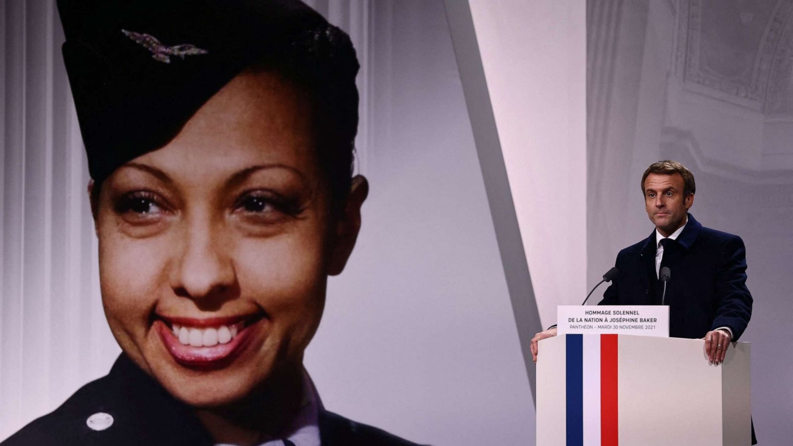 PHOTO: France's President Emmanuel Macron delivers a speech during a ceremony dedicated to Josephine Baker, the American-born French dancer and singer who fought in the French Resistance, as she enters the French Pantheon in Paris on Nov. 30, 2021.