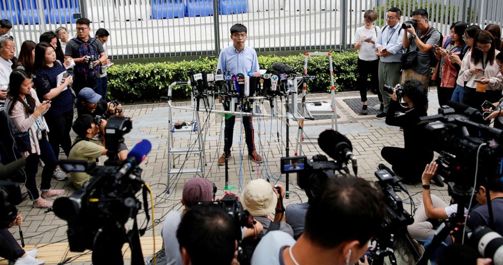 PHOTO: Pro-democracy activist Joshua Wong speaks to journalists after being disqualified from running in Novembers local districts council elections, in Hong Kong, Oct. 29, 2019.