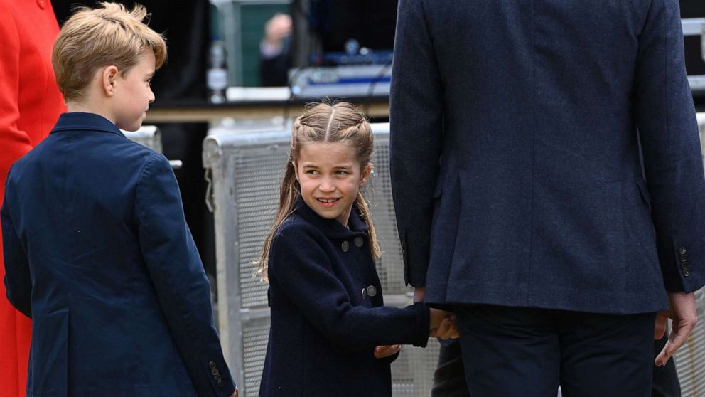 PHOTO: Prince George and Princess Charlotte visits Cardiff Castle in Wales, June 4, 2022, as part of the royal family's tour for Queen Elizabeth II's platinum jubilee celebrations.