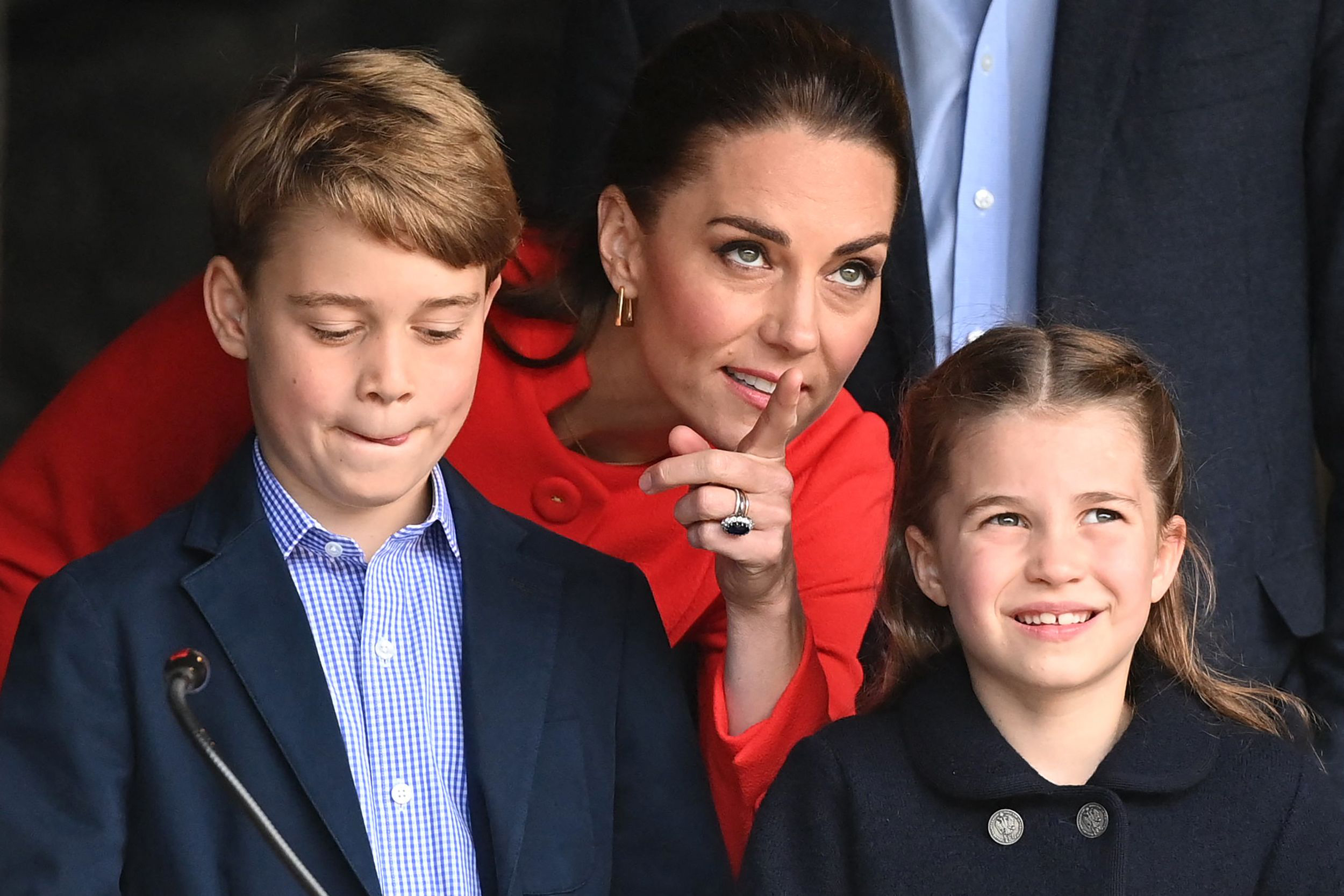 PHOTO: Catherine Duchess of Cambridge, speaks to her children Prince George and Princess Charlotte during a visit to Cardiff Castle in Wales, June 4, 2022, as part of the royal family's tour for Queen Elizabeth II's platinum jubilee celebrations.