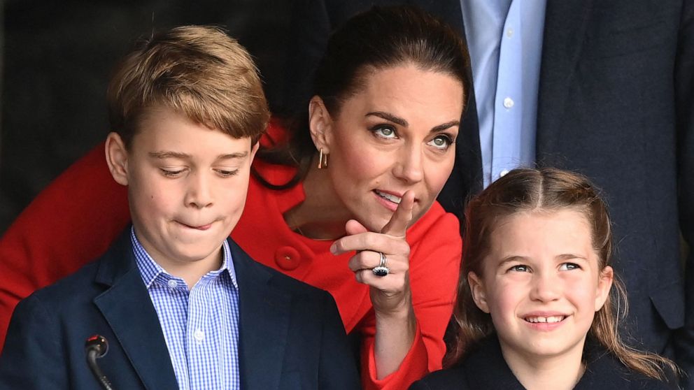 PHOTO: Catherine Duchess of Cambridge, speaks to her children Prince George and Princess Charlotte during a visit to Cardiff Castle in Wales, June 4, 2022, as part of the royal family's tour for Queen Elizabeth II's platinum jubilee celebrations.