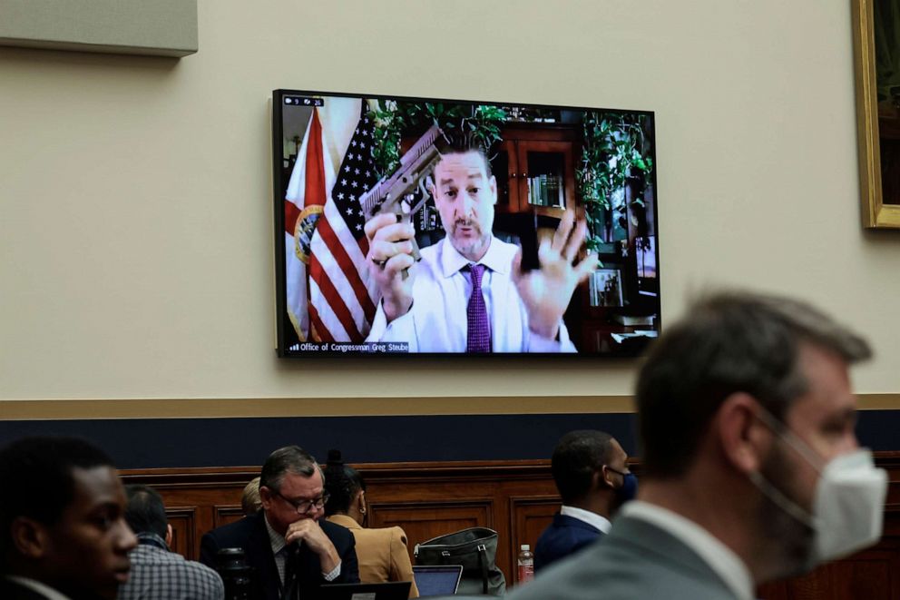 PHOTO: Rep. Greg Steube (R-FL) demonstrates assembling his handgun as he speaks remotely during a House Judiciary Committee mark up hearing in the Rayburn House Office Building on June 02, 2022 in Washington.