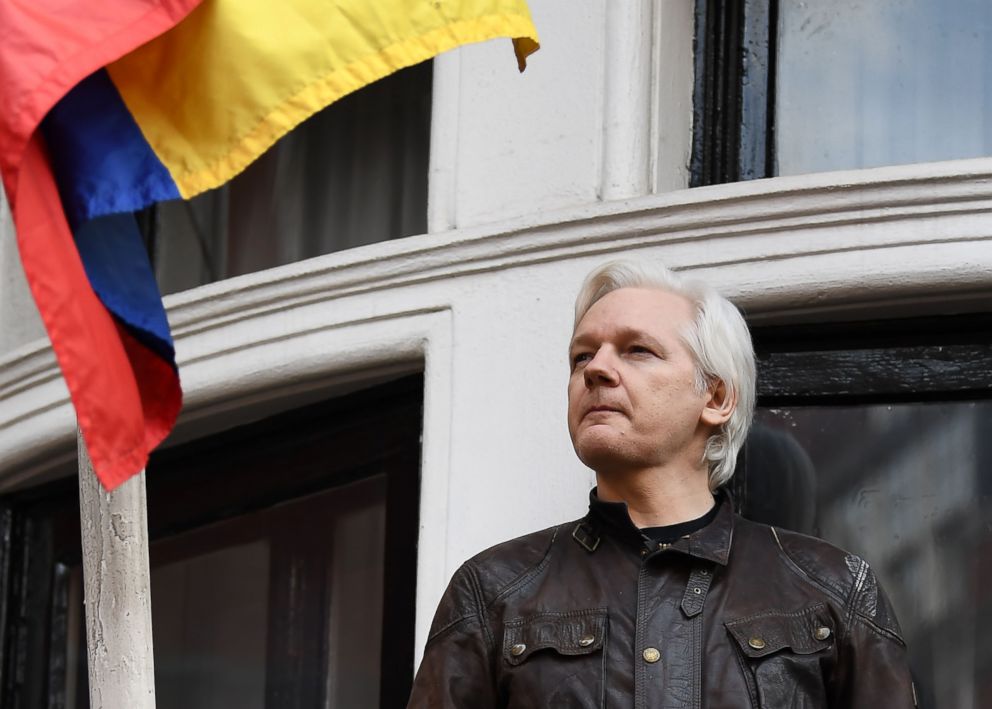 PHOTO: Wikileaks founder Julian Assange speaks to the media from the balcony of the Embassy of Ecuador in London on May 19, 2017.